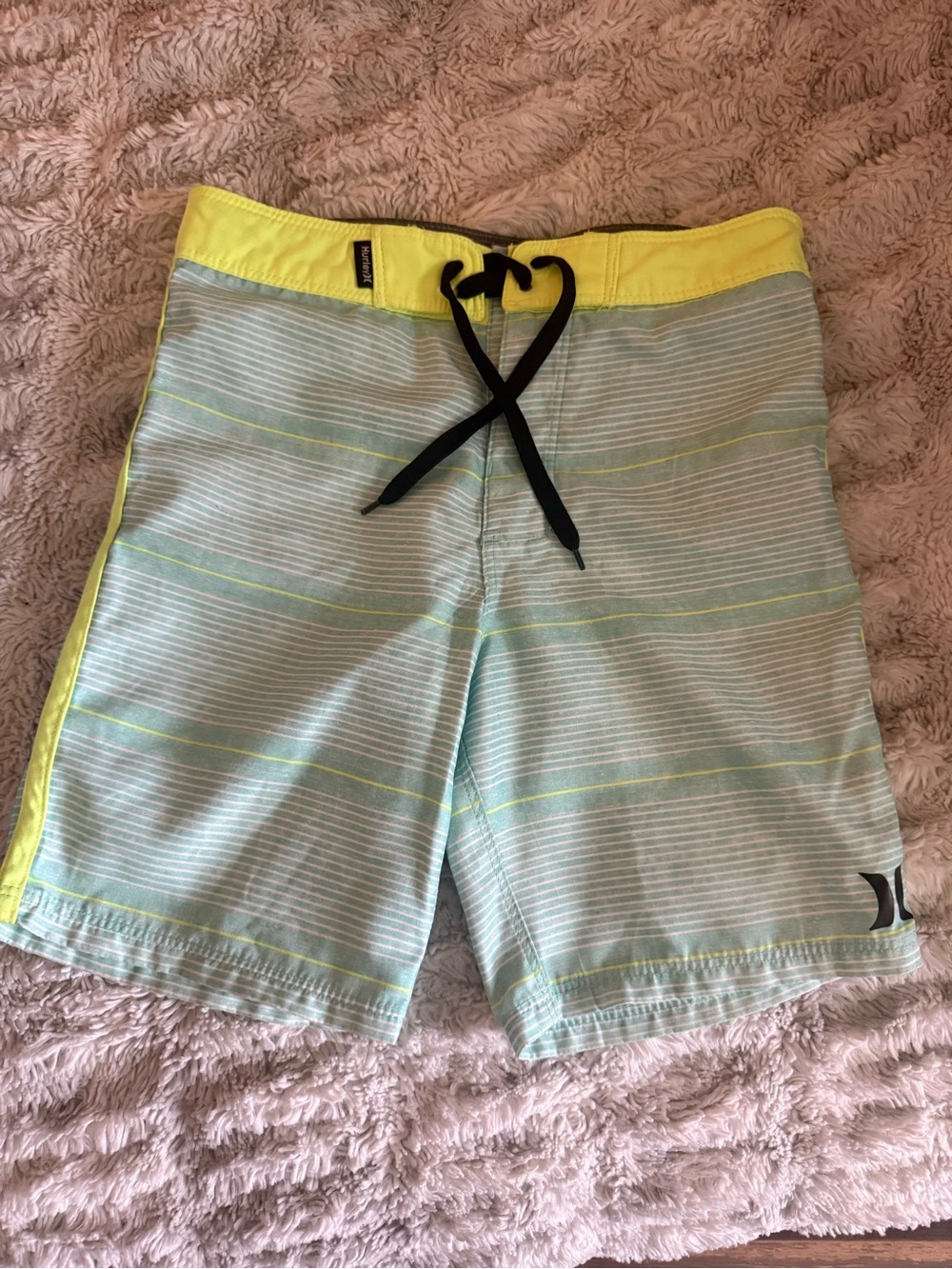 Hurley Men's Light Blue Striped Board Shorts with Yellow Waistband